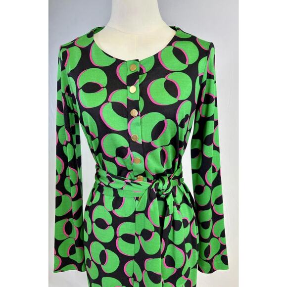 Diane Von Furstenberg Green Pink Geometric 100% Silk Long Sleeve Mini Dress Sz 2 - Picture 2 of 11
